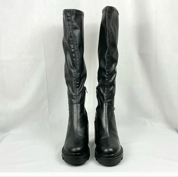 Steve Madden Black Platform Boots Tall Faux Leather Roxanna Lug Sole New - Picture 8 of 8
